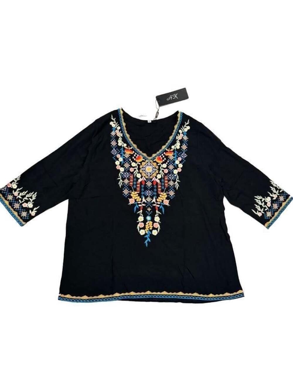 AK Floral Embroidered Bohemian 3/4 Sleeve V-Neck Blouse
